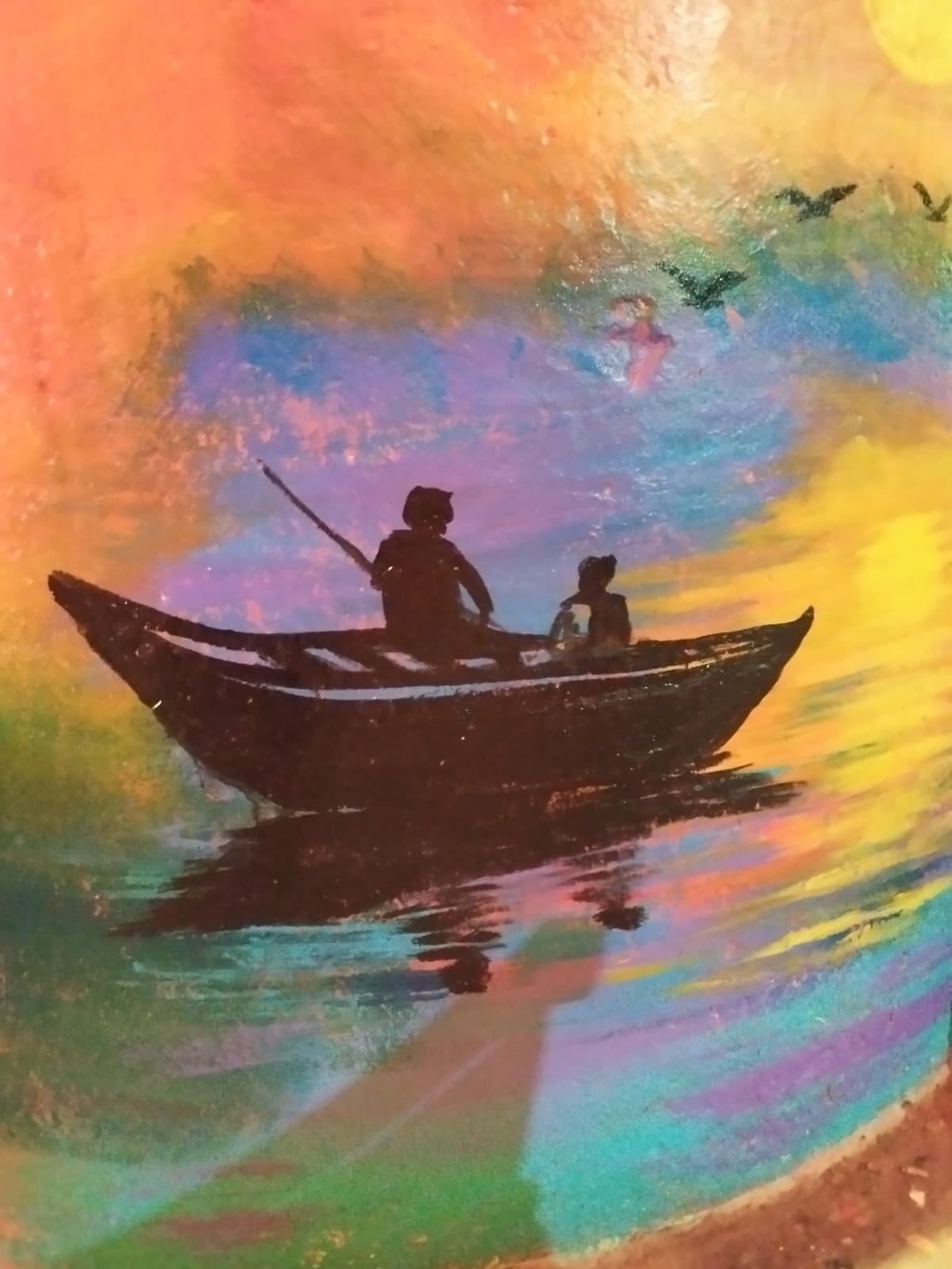 Folk art — boatman on the Ganga at sunset